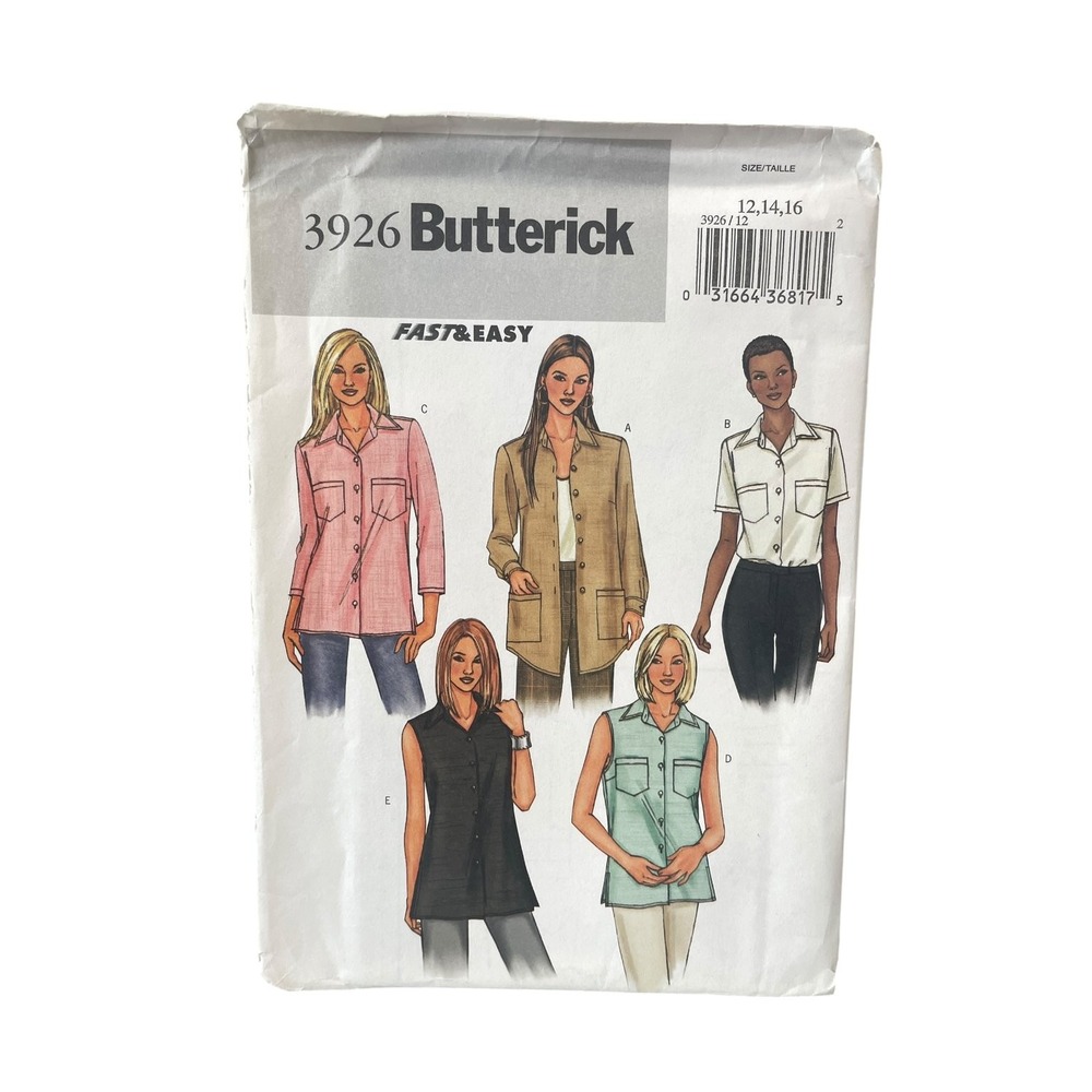 Butterick 3926 Sewing Pattern Misses Size 12 14 16 Multicolor Top Blouse Tunic
